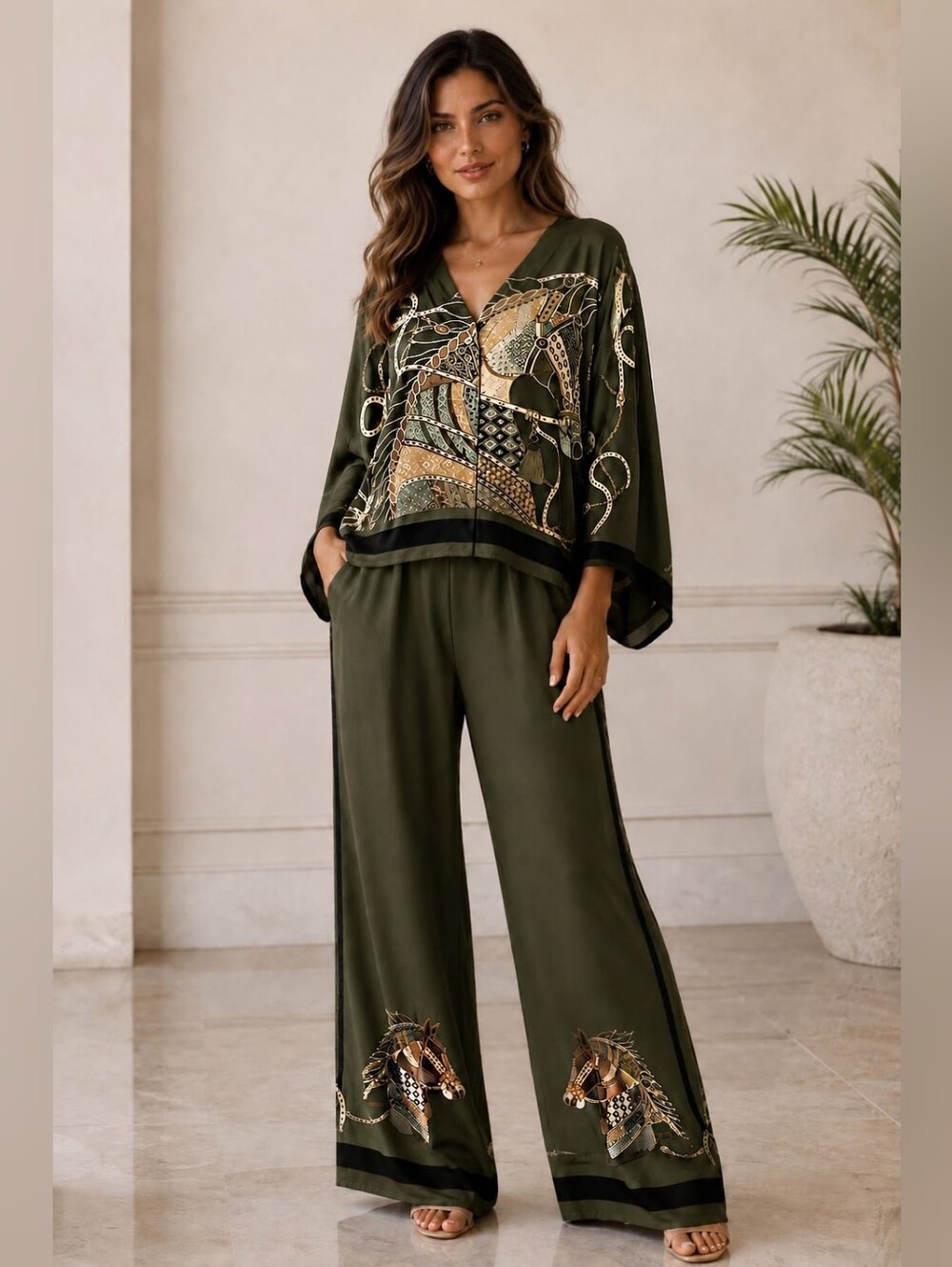 Made In Italy Viscose Rayon Horse  Olive Embroidered Wide-Leg Pant Set